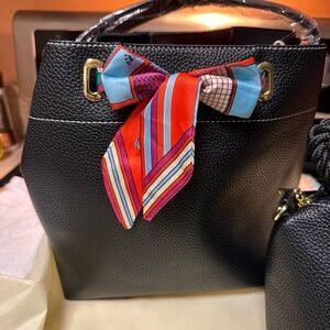 NWT Black Handbag with Colorful Scarf Accent comes with mini bag and two straps.